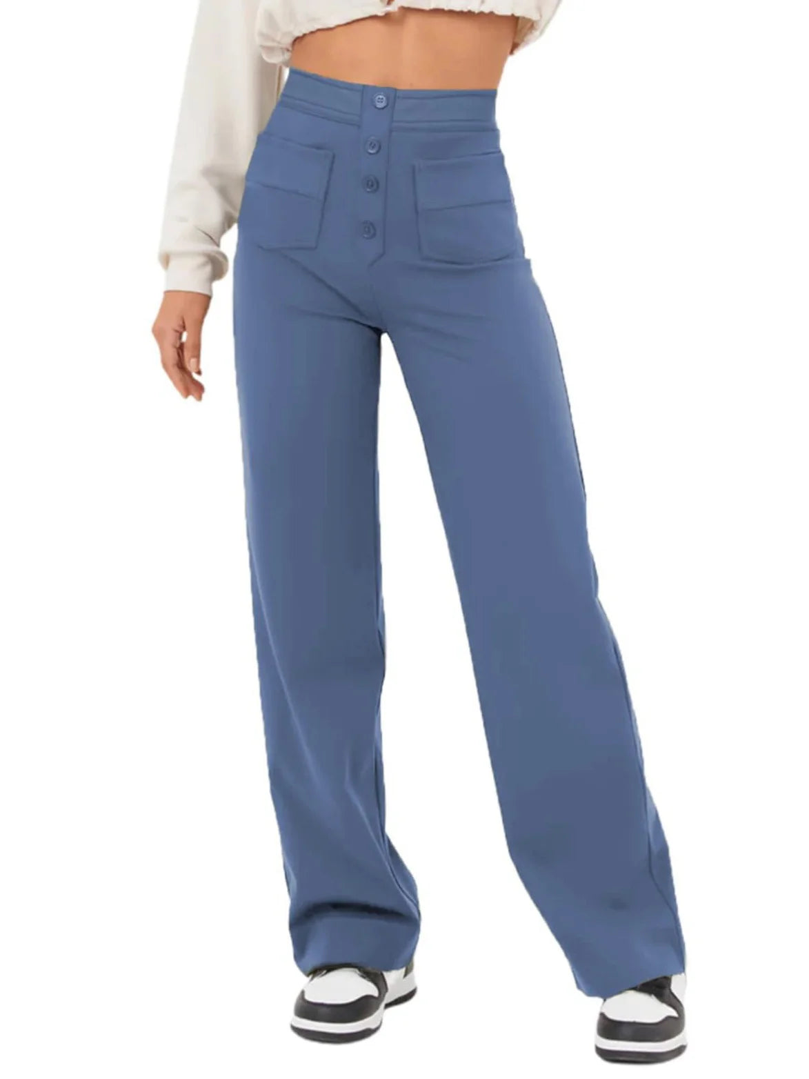 Paloma | Pantalón ancho de talle alto con botón decorativo