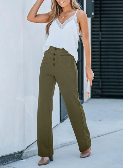 Paloma | Pantalón ancho de talle alto con botón decorativo